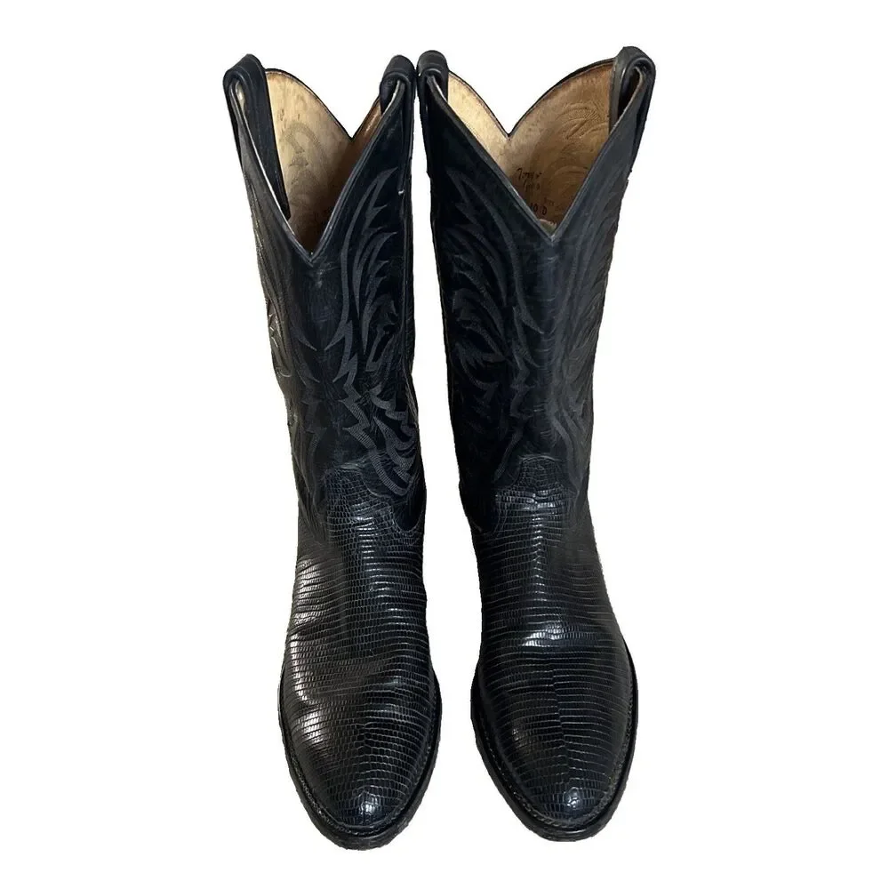 Vintage Tony Lama Size 10D Black Teju Lizard wingtips western cowboy boots